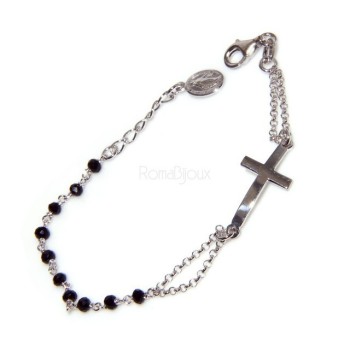 NLB|Bracciale rosario uomo donna in Argento 925 con immagine madonnina , croce convessa e cristallo nero . Mis 17,50