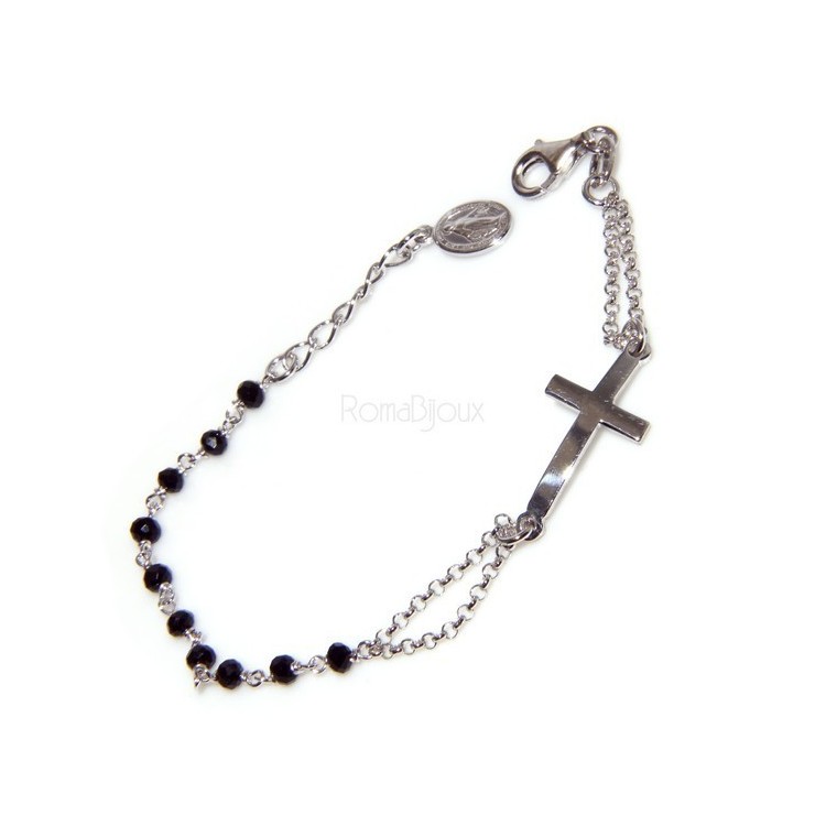 NLB|Bracciale rosario uomo donna in Argento 925 con immagine madonnina , croce convessa e cristallo nero . Mis 17,50