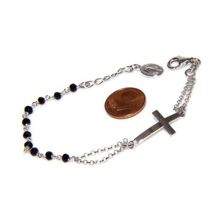 NLB|Rosary bracelet male female 925 silver image Madonna, convex cross and black crystal. mis 17.50