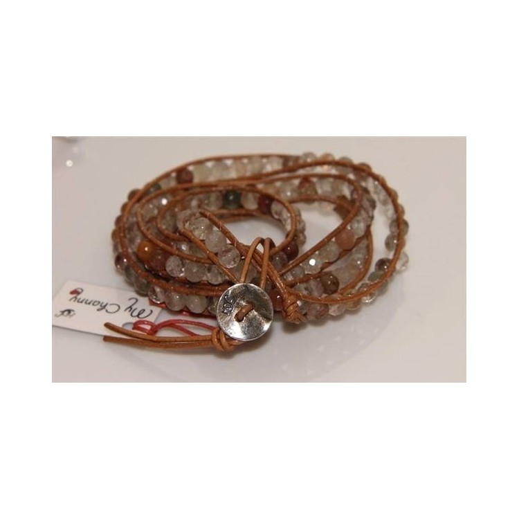 NLB|925 silver bracelet with natural quartz and brown hip hop leather stones