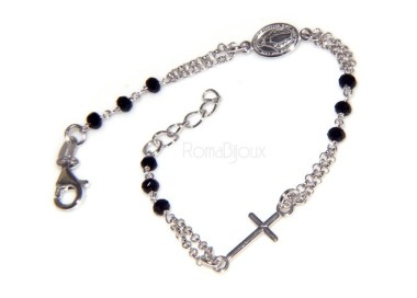 NLB|Bracciale rosario uomo in Argento 925 con immagine madonnina , croce convessa e cristallo nero . Mis 17,00 - 22,00