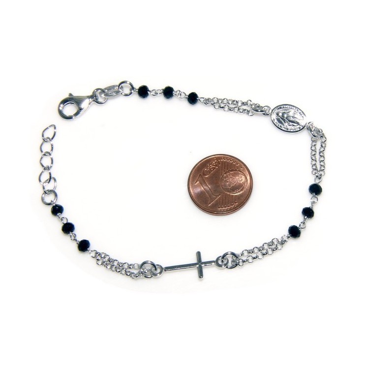 NLB|Bracciale rosario uomo in Argento 925 con immagine madonnina , croce convessa e cristallo nero . Mis 17,00 - 22,00