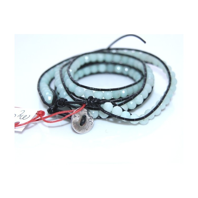 NLB|925 silver bracelet with natural aquamarine and black hip hop leather stones