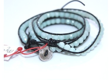 NLB|Argento 925 : Bracciale Uomo Donna HIP HOP semipreziosi acquamarina cuoio piu' giri