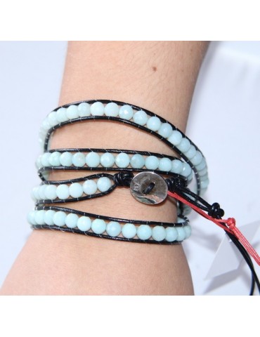 Argento 925 : Bracciale Uomo Donna HIP HOP semipreziosi acquamarina cuoio piu' giri