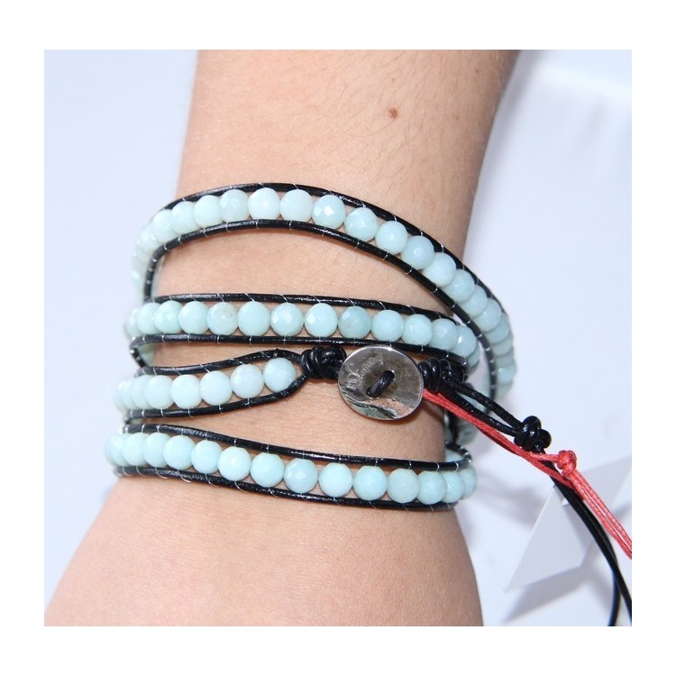 NLB|Argento 925 : Bracciale Uomo Donna HIP HOP semipreziosi acquamarina cuoio piu' giri