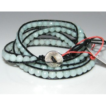 NLB|Argento 925 : Bracciale Uomo Donna HIP HOP semipreziosi acquamarina cuoio piu' giri