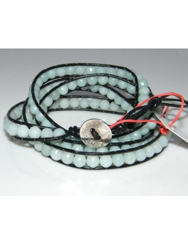 Argento 925 : Bracciale Uomo Donna HIP HOP semipreziosi acquamarina cuoio piu' giri