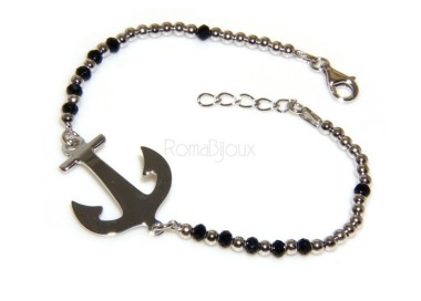 NLB|Bracciale rosario uomo in Argento 925 con immagine madonnina , croce convessa e cristallo nero . Mis 17,00 - 22,00