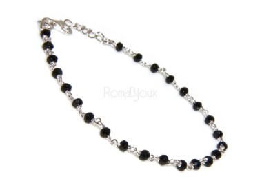 NLB|Bracciale rosario uomo in Argento 925 con immagine madonnina , croce convessa e cristallo nero . Mis 17,00 - 22,00