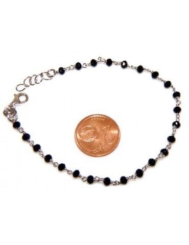 Bracciale rosario uomo in Argento 925 con immagine madonnina , croce convessa e cristallo nero . Mis 17,00 - 22,00