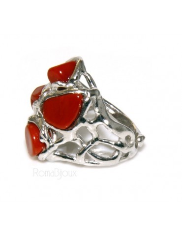 925: woman adjustable ring handmade with natural red coral star