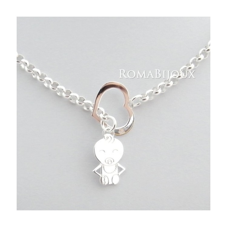 NLB|ARGENTO 925 catena collana saliscendi rolo' con cuore aperto e neonato bebe'