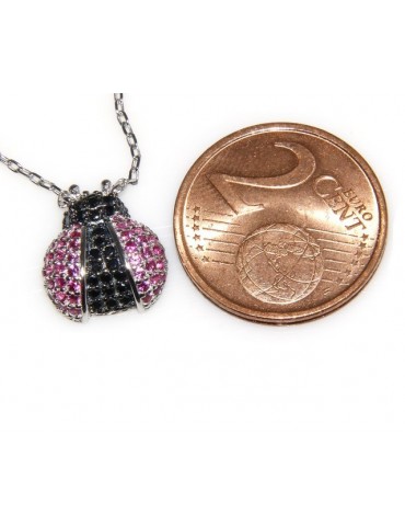 925: Collier Necklace with central pendant amulet ladybug magenta