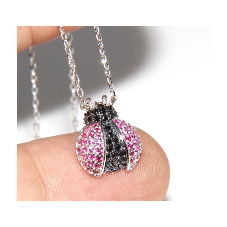 NLB|Argento 925 : Collana Collier donna pendente centrale coccinella magenta nero amuleto