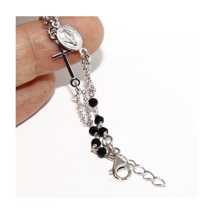 NLB|Bracciale rosario uomo donna in Argento 925 con immagine madonnina , croce e cristallo nero 17,00 19,50