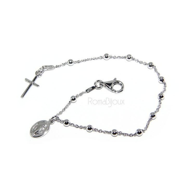NLB|Bracciale rosario uomo o donna in Argento 925 con immagine madonnina ciondolo e croce