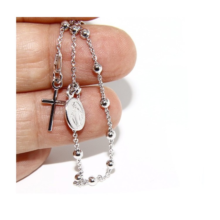 NLB|Bracciale rosario uomo o donna in Argento 925 con immagine madonnina ciondolo e croce