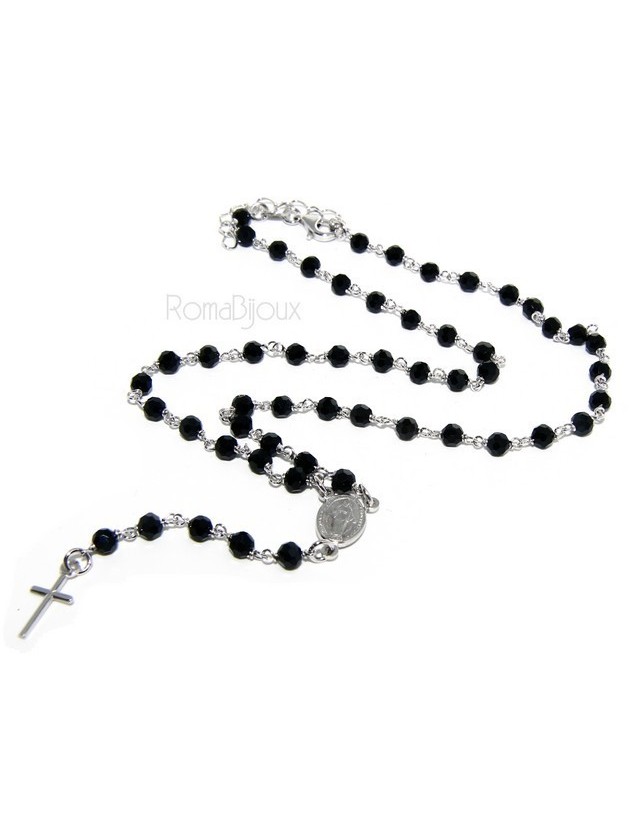 Collana Rosario uomo Argento 925 Con cristallo nero 4mm croce e madonna 44+5 Collana Rosario uomo Argento 925 Con cristallo nero 4mm croce e madonna 44+5