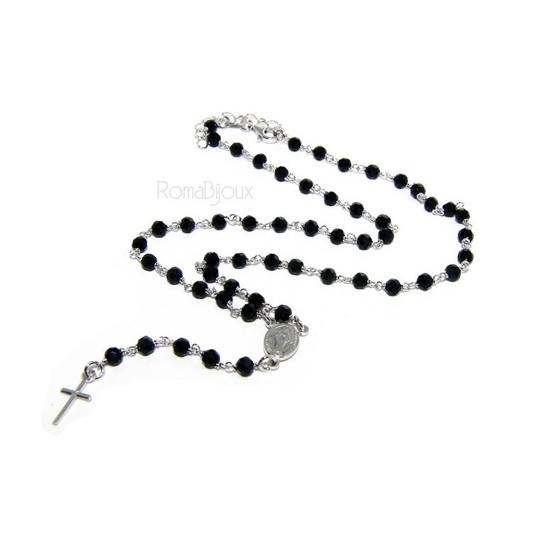 NLB|Rosary necklace man 925 With black crystal 4 mm cross and madonna 44 + 5