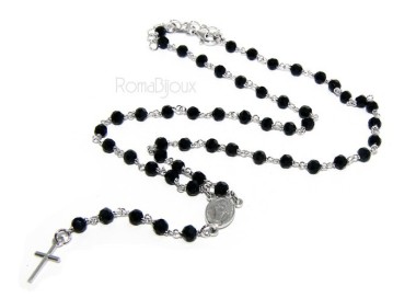 NLB|Rosary necklace man 925 With black crystal 4 mm cross and madonna 44 + 5