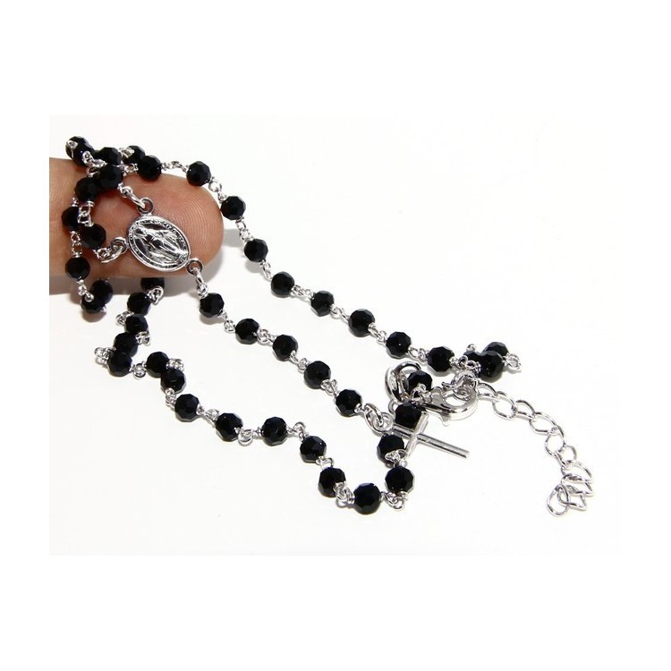 NLB|Collana Rosario uomo Argento 925 Con cristallo nero 4mm croce e madonna 44+5