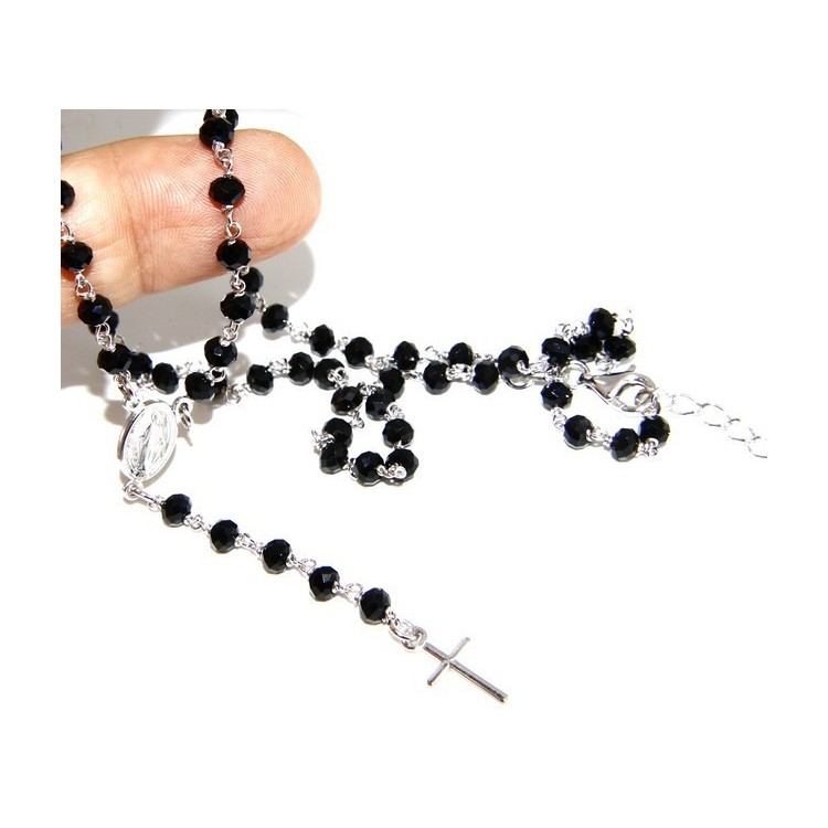 NLB|Rosary Necklace With 925 Silver Man crushed 4mm black crystal cross and madonna 45 + 5