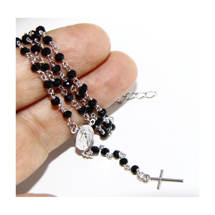 NLB|Rosary Necklace With 925 Silver Man crushed 4mm black crystal cross and madonna 45 + 5