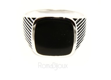 NLB|Ring 925 sterling silver men's shield chevalier square striped faux onyx