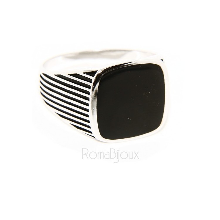 NLB|Anello Argento 925 da uomo a scudo chevalier quadrato faux onice rigato