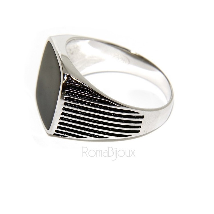 NLB|Anello Argento 925 da uomo a scudo chevalier quadrato faux onice rigato