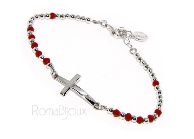 NLB|Bracciale rosario uomo in Argento 925 con immagine madonnina , croce convessa e cristallo rosso . Mis 17,00 - 20,00