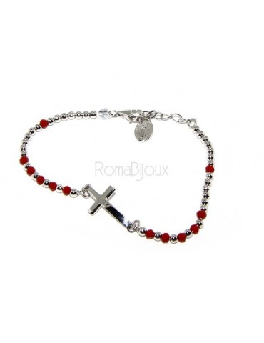 Bracelet rosary man in Silver 925 with Madonna picture, convex cross and red crystal. Mis from 17.00 to 20.00