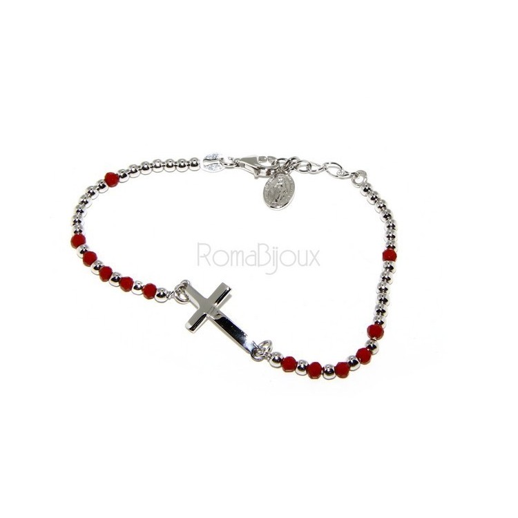 NLB|Bracelet rosary man in Silver 925 with Madonna picture, convex cross and red crystal. Mis from 17.00 to 20.00