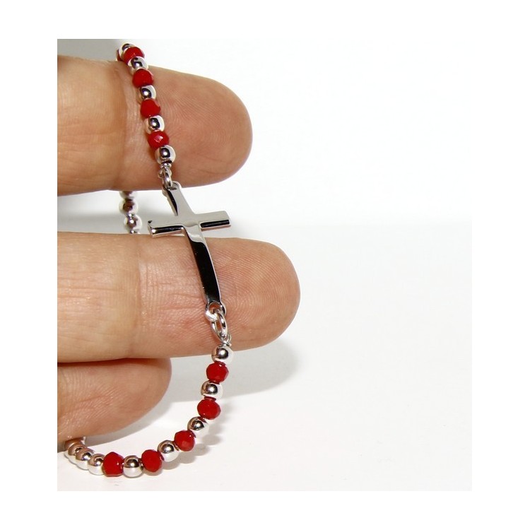 NLB|Bracciale rosario uomo in Argento 925 con immagine madonnina , croce convessa e cristallo rosso . Mis 17,00 - 20,00