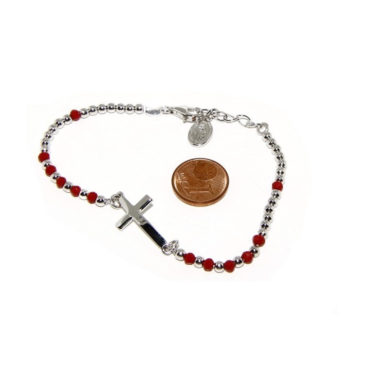 NLB|Bracciale rosario uomo in Argento 925 con immagine madonnina , croce convessa e cristallo rosso . Mis 17,00 - 20,00