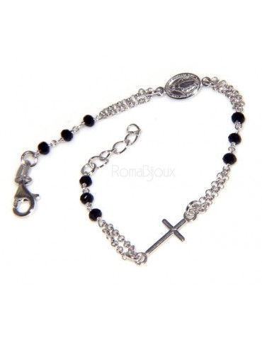 Bracciale rosario uomo in Argento 925 con immagine madonnina , croce convessa e cristallo nero . Mis 17,00 - 22,00