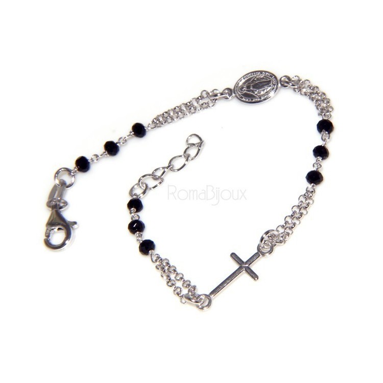 NLB|Bracciale rosario uomo in Argento 925 con immagine madonnina , croce convessa e cristallo nero . Mis 17,00 - 22,00