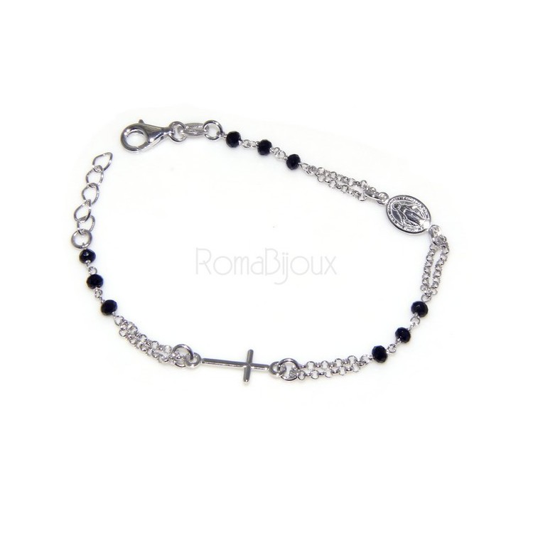 NLB|Bracciale rosario uomo in Argento 925 con immagine madonnina , croce convessa e cristallo nero . Mis 17,00 - 22,00