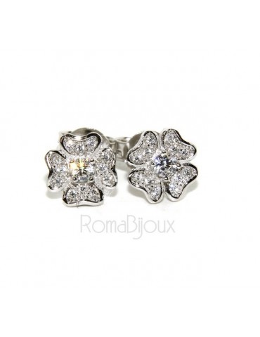 Argento 925 : orecchini donna stud quadrifoglio  pave' di zirconi bianchi microsetting