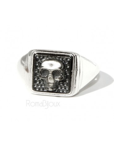 Anello Argento 925 da uomo mignolo a scudo quadrato teschio misura regolabile