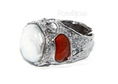 NLB|Argento 925 : Anello donna regolabile realizzato a mano con gemme di corallo rosso verace naturale e perla tonda