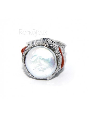 925: Adjustable Women's Ring handmade with natural gems and true red coral round bead