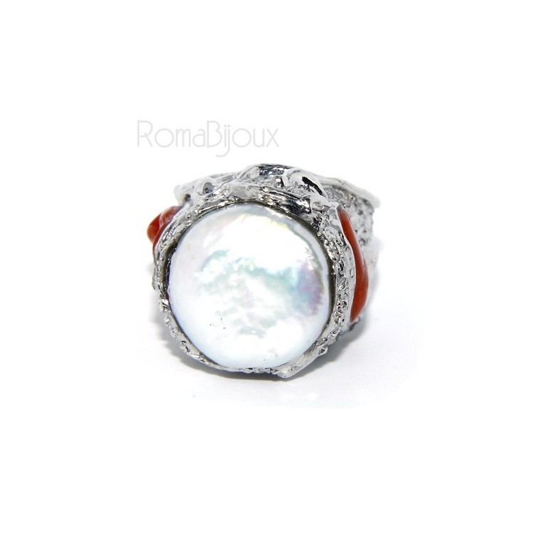 NLB|Argento 925 : Anello donna regolabile realizzato a mano con gemme di corallo rosso verace naturale e perla tonda