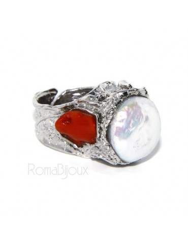 925: Adjustable Women's Ring handmade with natural gems and true red coral round bead