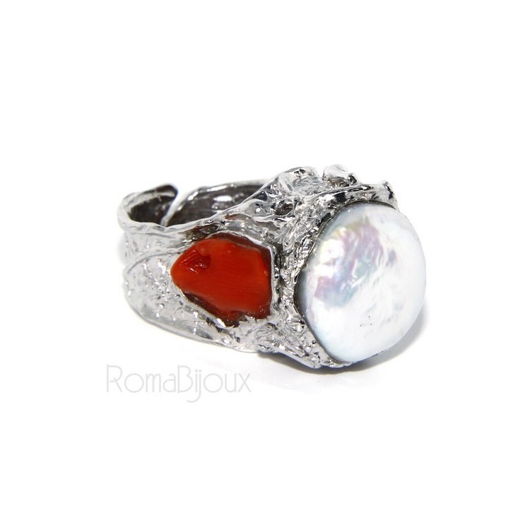 NLB|Argento 925 : Anello donna regolabile realizzato a mano con gemme di corallo rosso verace naturale e perla tonda