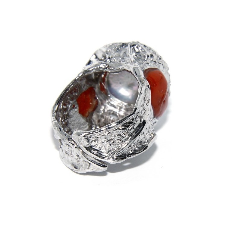 NLB|925: Adjustable Women's Ring handmade with natural gems and true red coral round bead