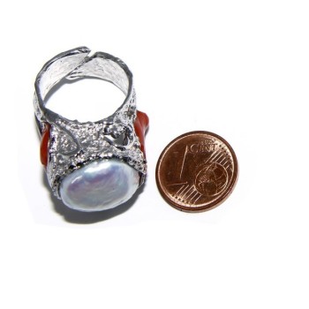 NLB|925: Adjustable Women's Ring handmade with natural gems and true red coral round bead