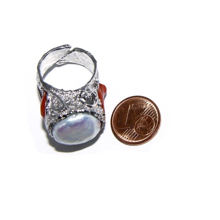 NLB|925: Adjustable Women's Ring handmade with natural gems and true red coral round bead