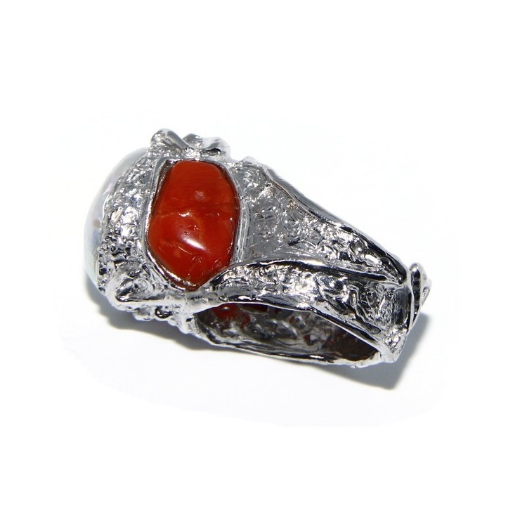 NLB|925: Adjustable Women's Ring handmade with natural gems and true red coral round bead
